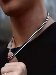Men's Punk Style Cuban Chain Necklace, Stainless Steel Cuban Link Chain Necklace, Fashion Jewelry for Party, Daily Clothing Decor for Boy, Trendy Jewelry Accessories for Men, Cuban Link Design, Chunky Chain Necklace