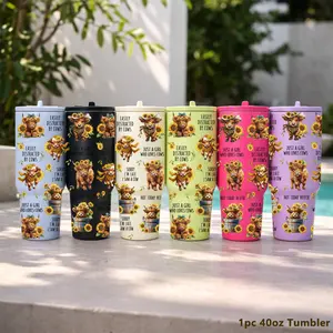 1pc 40oz Stainless Steel Tumbler, Highland Cow Sunflower Print Travel Mug, Funny Cow Lover Cup, with Lid and Straw, Insulated Coffee Tumbler, Easter Gift, Mother's Day Gift for Mom, Farm Girl Gift for Women, Car Cup for Home Office Outdoor Use Drinkware