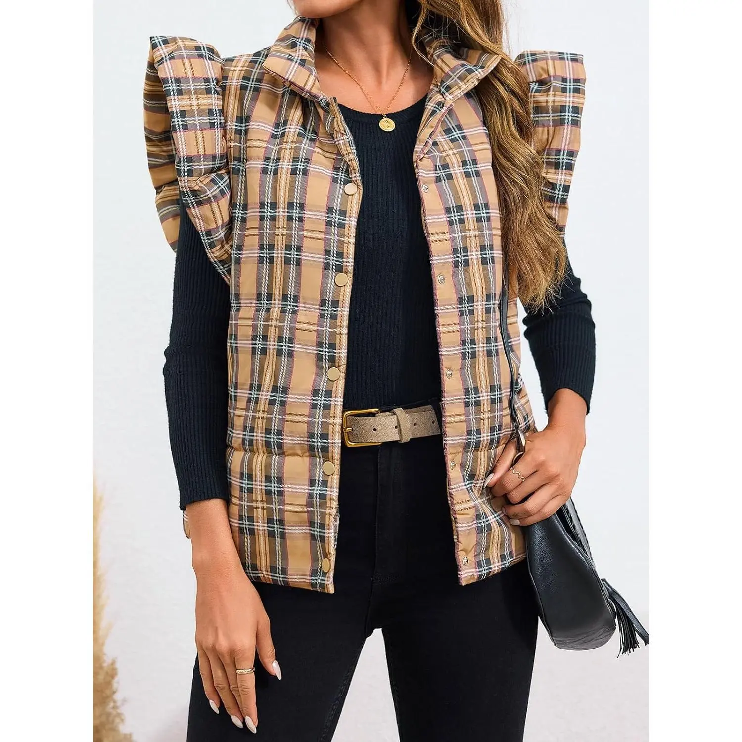 PASLTER Womens Plaid Puffer Vests Ruffle Sleeveless Lightweight Quilted Vest Fall Winter Padded Gilets Coats