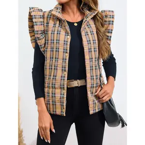 PASLTER Womens Plaid Puffer Vests Ruffle Sleeveless Lightweight Quilted Vest Fall Winter Padded Gilets Coats