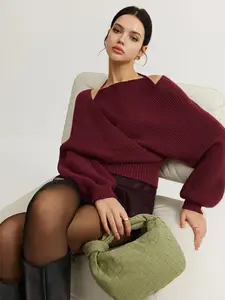 Women's Knit Pullover Sweater, Long Sleeve, Fitted, Plain Pattern, Elegant Style, Waist Cinched, Square Neck, Casual Wear, Knitwear