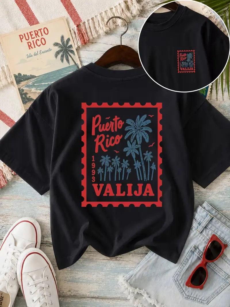 Women's Comfortable Short-Sleeve Tee - Puerto Rico Island Stamp, Palm Tree Pattern, Loose Round Neck Everyday Fabric Summer Vacation Casual All-Match Top