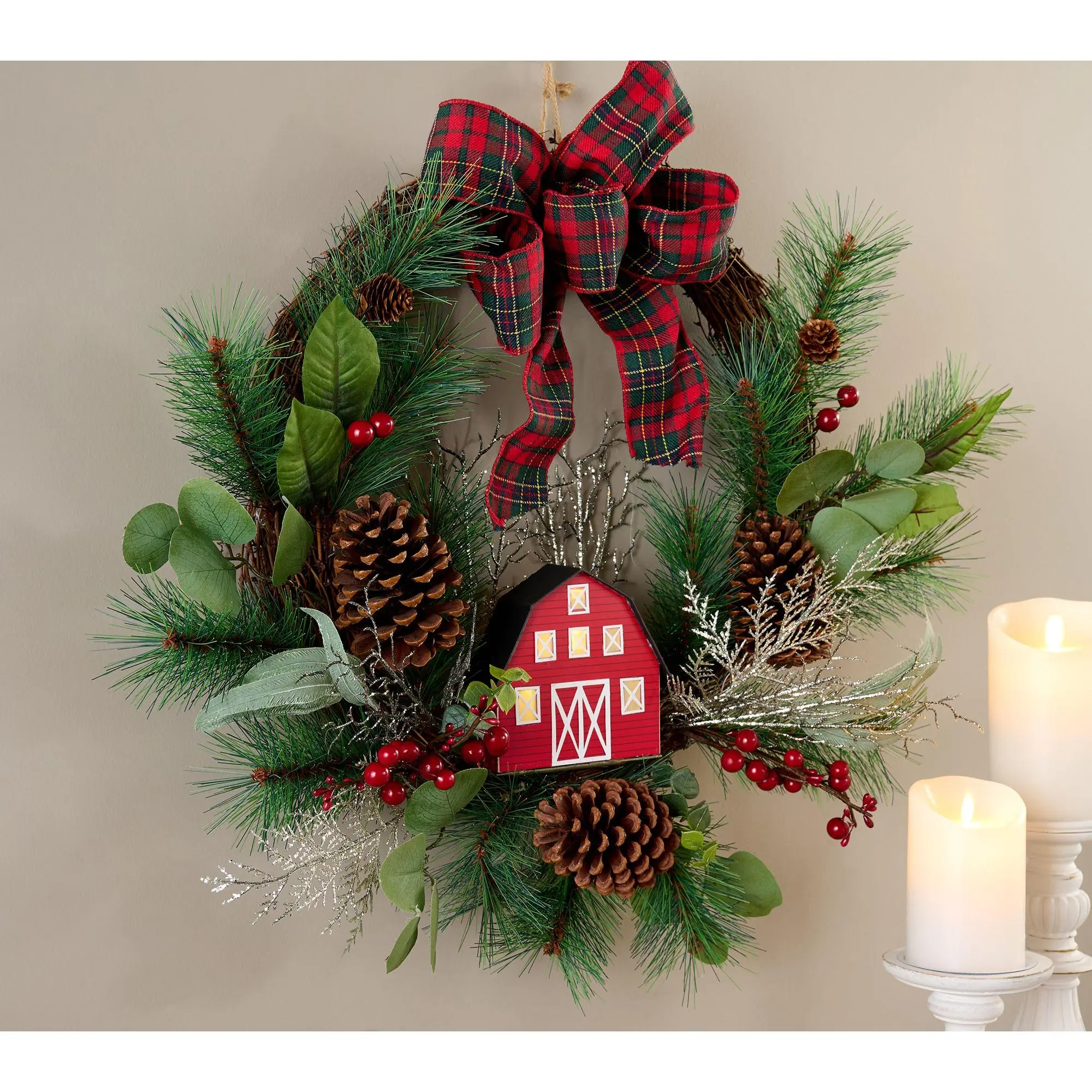24" Crescent Wreath with Illuminated Building by Valerie