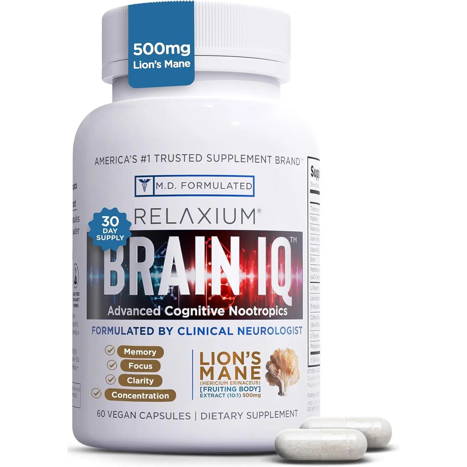 Nootropic Brain Supplement for Memory Focus and Cognitive Health with Lion’s Mane L Threonine Coffee Extract Mental Clarity Support Capsules for Adults Daily Brain Support 60 Count