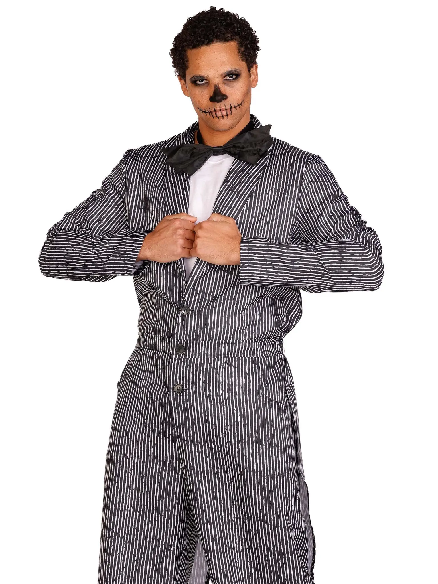 Men's Halloween Costume, Classic Pinstriped Tuxedo Jumpsuit, 2-Piece Set with Bow Tie for Parties & Cosplay, Comfortable Fit, Drip Dry, Do Not Iron, Step-In, Trick Or Treat, Full-Length, Button Front, Drip-Dry Care, Watch Party