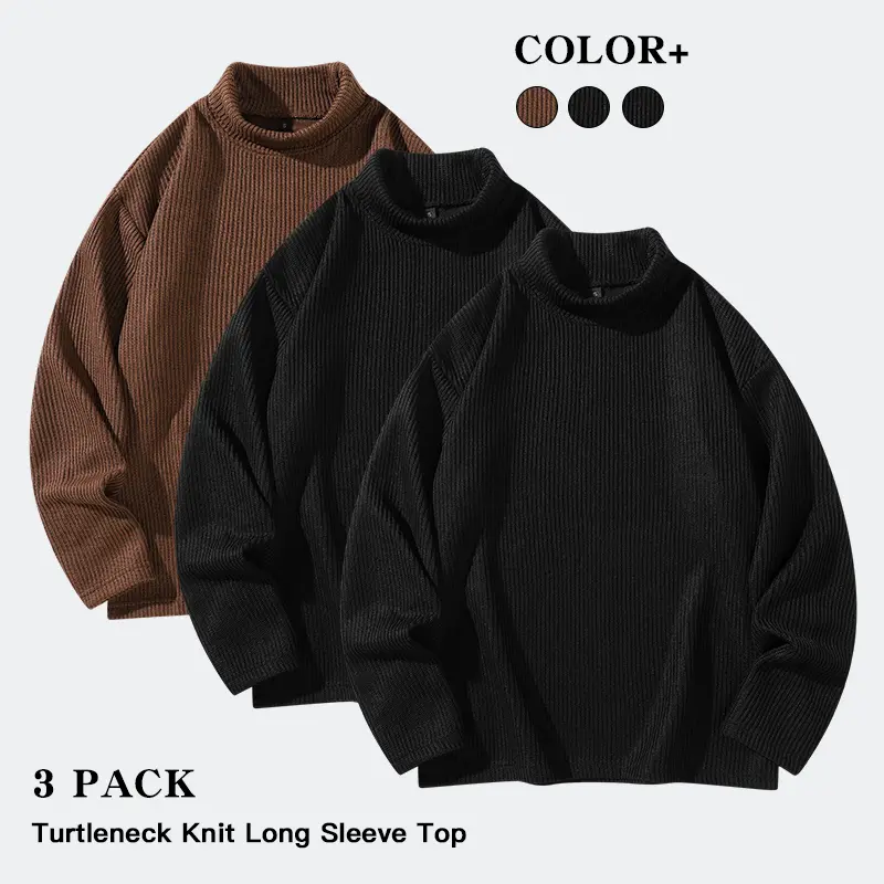 Men 3‑Pack Vertical Textured Turtleneck Knit Long‑Sleeve Tops Warm Soft Pullovers For Daily Matching And Weekend Street Outfits