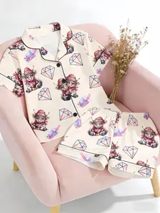 Kids Pajama Set, Cartoon Bull Pattern, Fashion Open Front Short Sleeve, Flame Retardant Fabric, All Seasons, Party Gift Set