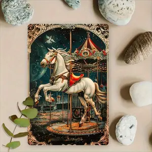 Vintage Carousel Metal Wall Art, 8x12 Inch - Intricate Carousel Horses Design with Ornate Frame, Ideal for Living Room, Bedroom, Coffee Shop & Garden Decor, Durable Iron Construction, Horse Decor, Perfect for Room Decor