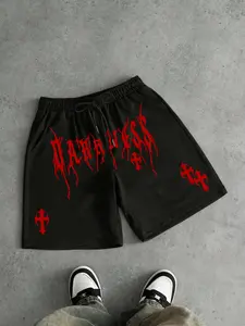 Darkness Metal Font Fitted Shorts, Death Metal Style with Cross Design Graphics, Drawstring Elastic Waist, Lightweight Polyester Fabric for Y2K Grunge Daily Wear