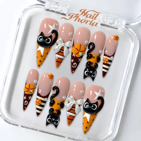 NailPhoria PUMPKIN PAWS - Halloween Handmade Press-On Nails | Reusable, Salon-Quality, Long-Lasting, Glossy Design-Long Stiletto 33mm