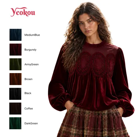 Yeokou Women's Elegant Bohemian Knit Blouse - Long Sleeve Crew Neck, Velvet Lace Trim, Flared Swing, Office-to-Party, Machine Washable, Vintage Retro Style