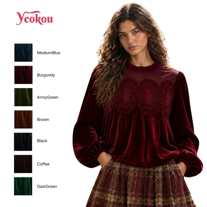 Yeokou Women's Elegant Bohemian Knit Blouse - Long Sleeve Crew Neck, Velvet Lace Trim, Flared Swing, Office-to-Party, Machine Washable, Vintage Retro Style
