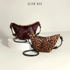LUNÉ KVI   Trending Niche Genuine Leather Horsehair Croissant Bag, Mini Leopard Print Crossbody Bag, Adjustable Strap Shoulder/Underarm Bag,Elegant Vintage Evening Bag Trendy Women's Handbag cheetah purse