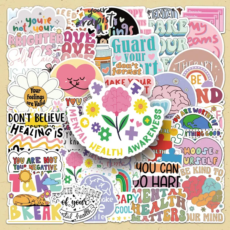 Mental Health Themed Sticker, 50pcs/set Creative Graffiti Sticker, DIY Craft Decorative Sticker for Scrapbooking & Journal Making, Diy Crafts Stickers, Sticker Packs, Decal Sticker