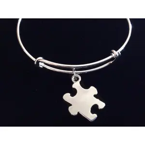 Autism Awareness Silver Puzzle Piece Expandable Charm Bracelet Adjustable Stainless Steel Wire Bangle Double Loop Concept One Size Fits All Perfect Gift