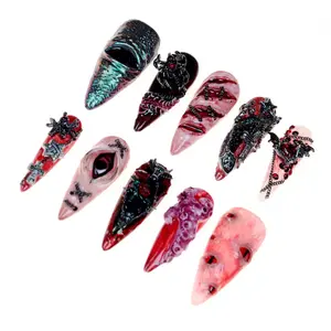 3D Horror Eyeball Stiletto Press On Nails | Creepy Demon Eye Hand Painted False Gel Nails for Holiday, Vacation, Birthday