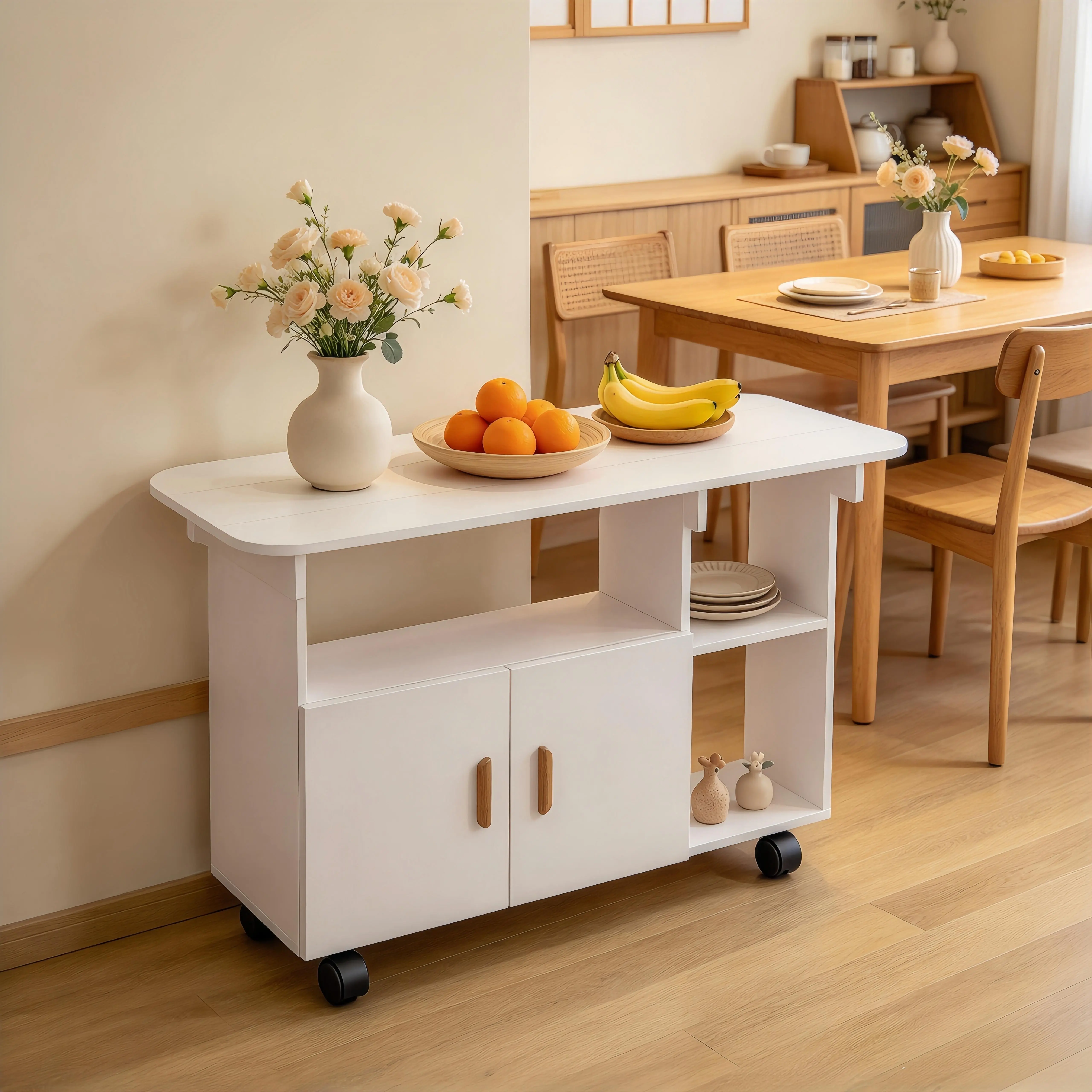 Space-Saving Folding Dining Table with Drop Leaf – Movable Rectangle Kitchen Table with Wheels & Drawer for Apartments, White