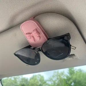 YASEENLIN Artificial PU Leather Car Sun Visor Glasses Holder with Pearl Bow Design Cute Car Interior Accessories for Women Fashionable Functional Sun Visor Clip,car sun visor decoration