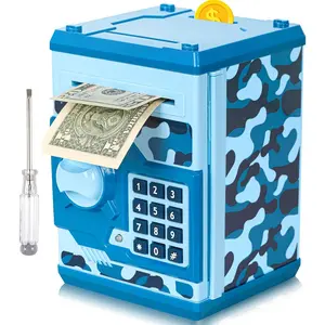 Piggy Bank for Boys Girls, Mini ATM Coin Bank Money Saving Box with Password, Kids Safe Money Jar for Adults with Auto Grab Bill Slot, Great Gift Toy Bank for Kids(Camouflage Blue)