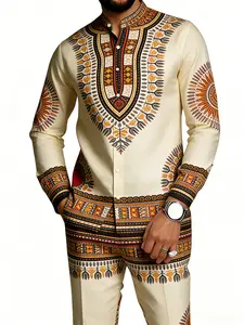 Men's Vintage Print 2 Piece Outfit Casual Shirt & Pants Set