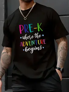 100% Cotton Unisex Pre-K Teacher Adventure Begins First Day Preschool Teachers T-Shirt, Printed Round Neck Short Sleeve T-Shirt Top