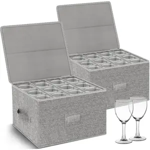 Glass Storage Box 2-Pack, Stemware Container Cases, Stackable w/Hard Shell Top Sides Bottom, Moving Supplies,  Storage Containers for 24  Glasses Drinkware 9.2'' Tall, Grey