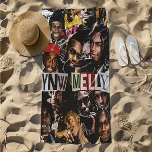 1 piece YNW Melly Hip Hop Music Collection themed beach towel - Super soft flannel blanket, suitable for beds and sofas, all-season use, modern design, digitally printed pattern, 100% polyester material, machine washable, suitable for travel