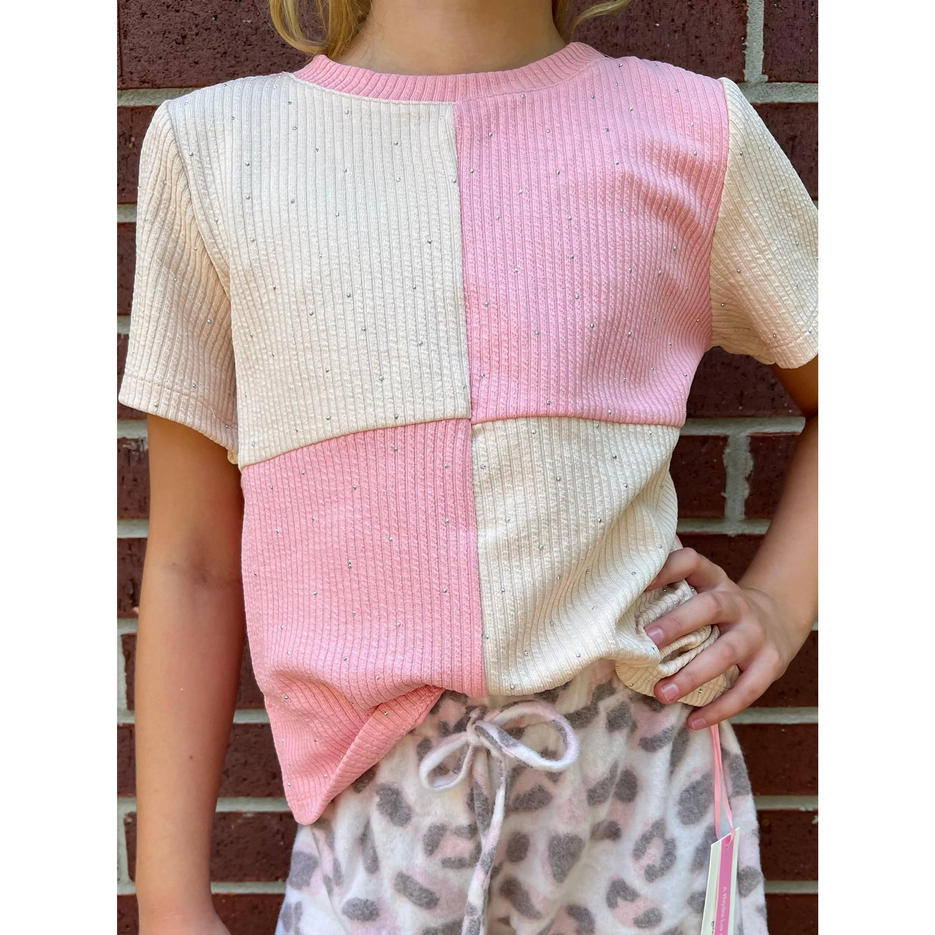 Dolly Pink and Cream block pattern with Jewel studded Ribbed shirt