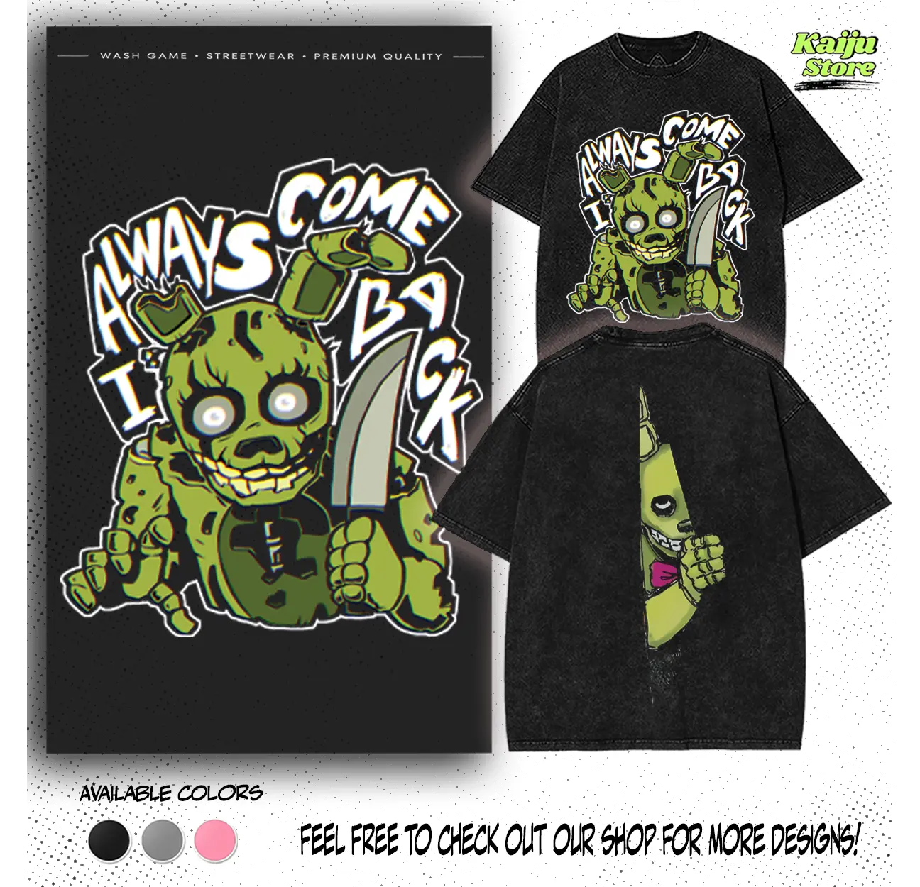 Men's 5 Nights at Freddy's 3 Springtrap William Afton Oversized Vintage Washed Cotton Casual Short-Sleeve Seamless T-Shirt - Acid Black Fabric, "I Always Come Back" Quote, Ripped Peeking Effect Graphic | Menswear Tanktop