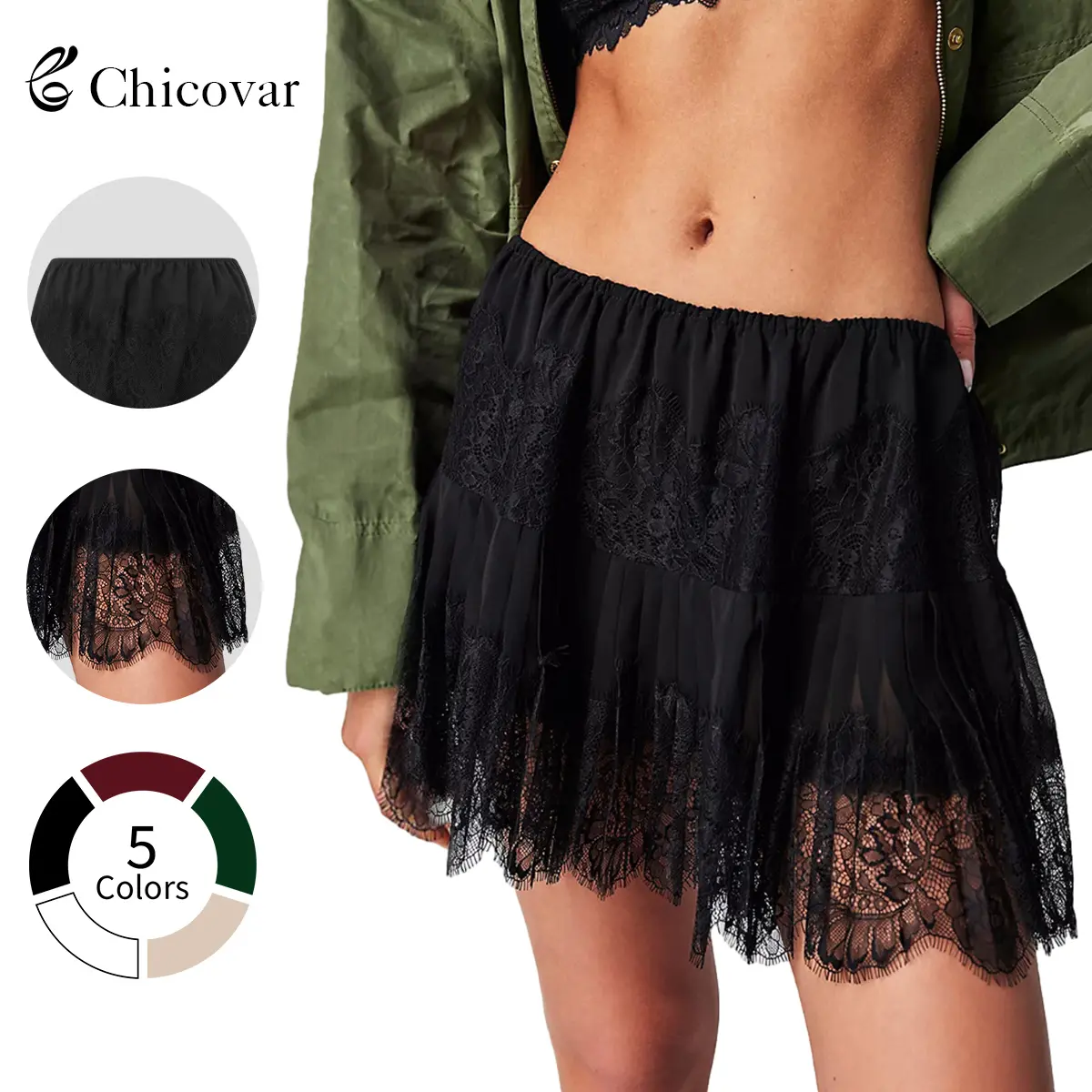 Chicovar Women's Lace Mini Skirts Casual Stretchy Waist Solid Color Loose Fit Pleated Skirts Summer A-line Skirts Perfect for Fall Layering, Holidays, Vintage look, NO Shorts Bottom, Summervibes