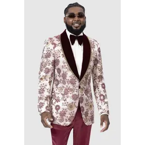 Mens One Button Vintage Style Burgundy & Gold Prom Tuxedo Dinner Jacket
