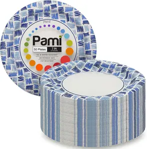 PAMI Heavy-Duty Disposable Small Round Paper Dishes | Microwave-Safe, Oil, Water & Cut Resistant (7 Inch Plate 50 Blue)