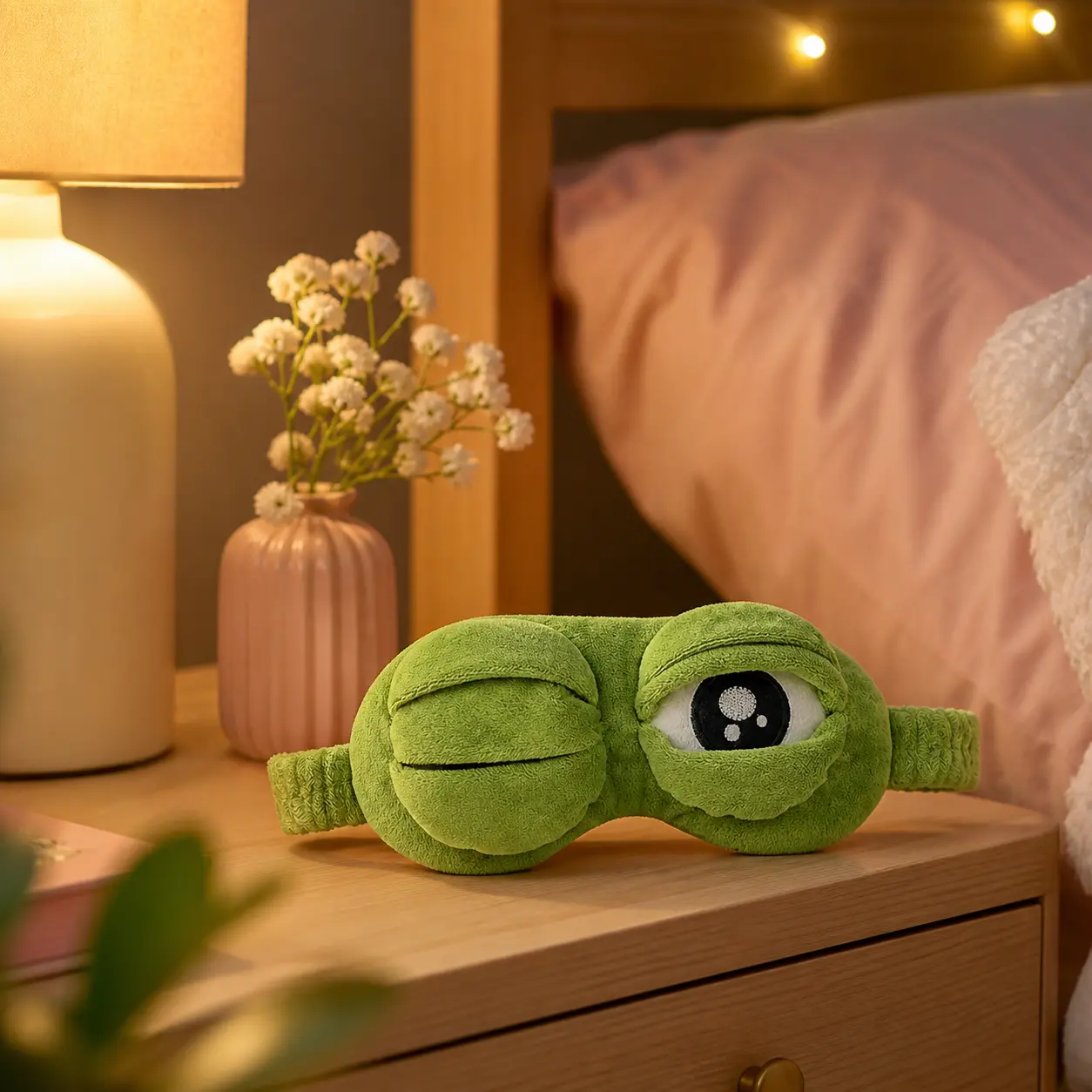 Frog Sleep Mask — A stylish, shimmering sleep mask featuring an adorable "Sad Frog" design. This fun, plush eye mask is perfect for travel, yoga, napping, and light-blocking; its soft cotton lining gently cares for sensitive skin.