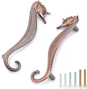 Beach Ocean Theme Seahorse Shaped Drawer Handle Pulls, Marine Style Dresser Drawer Pulls Zinc Alloy Coastal Metal Decorative Drawer Pulls for Cupboard Cabinet Dresser Closet (Red Bronze)