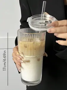 Large Capacity Striped Tumbler with Lid - Perfect for Iced Coffee & Milkshake, Durable Material, Stylish Design, Ideal for Office & Home