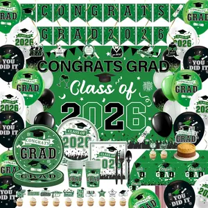 2026 Graduation Decorations Green Black - Class of 2026 Party Decor Kit with Backdrop, Balloons, Banner & Supplies for College/High School Grad (Green Blac