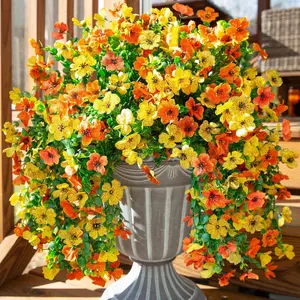 Lifelike Faux Daisy & Eucalyptus Hanging Basket, 4/8 Set in Orange & Yellow, UV Protected Trailing Vines for Front Door, Patio, Yard & Planter Decor