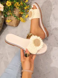 Women's Summer New Cream Color Woven Sunflower Sandals, Casual Holiday Flat Slip-On Beach Shoes, Textile Upper, Rubber Sole, Footwear for Beach