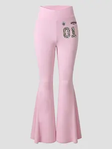 Women's pink leggings with a criss-cross waistband, flared leg design, and leopard print "01" pattern. Comfortable to wear, suitable for all seasons, and a fashionable and versatile everyday pant for women