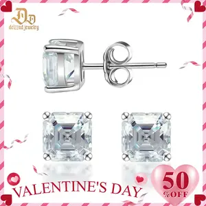 Delzzad Asscher Cut Synthetic Moissanite Prong Stud Earrings S925 Studs Christmas Gift For Men Women