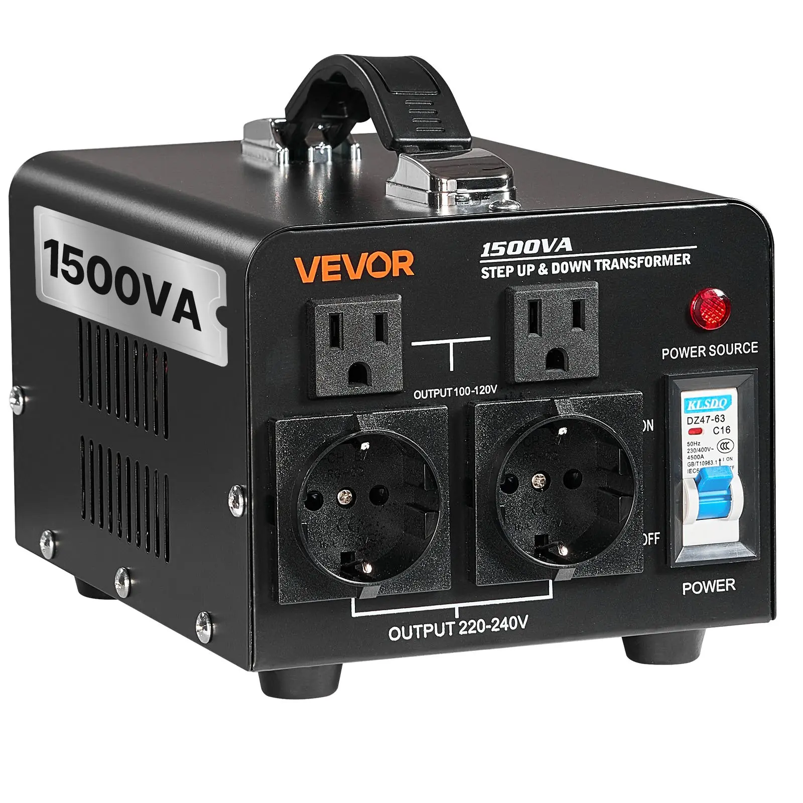 VEVOR 1500VA Heavy-Duty Step Up-Down Voltage Converter Transformer, AC 110V to 220V & 220V to 110V, Compact, 4 AC Outputs (US, EU Outlets), Power Cord, Circuit Breaker Protection, Security Comes First, Us Outlets