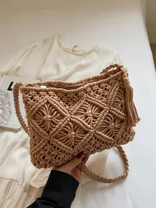 Women's Handwoven Shoulder Bag, French Vintage Bohemian Style, Hollow Out Design, Zip Closure, Multifunctional Beach Fringe Crossbody Bag