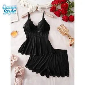Ocean Style 2026 Women's Plain Lace Patchwork Cami Top with Bow & Shorts PJ Set, Adjustable Spaghetti Strap Camisole & Elastic Waist Shorts, Ladies Sleepwear for All Seasons