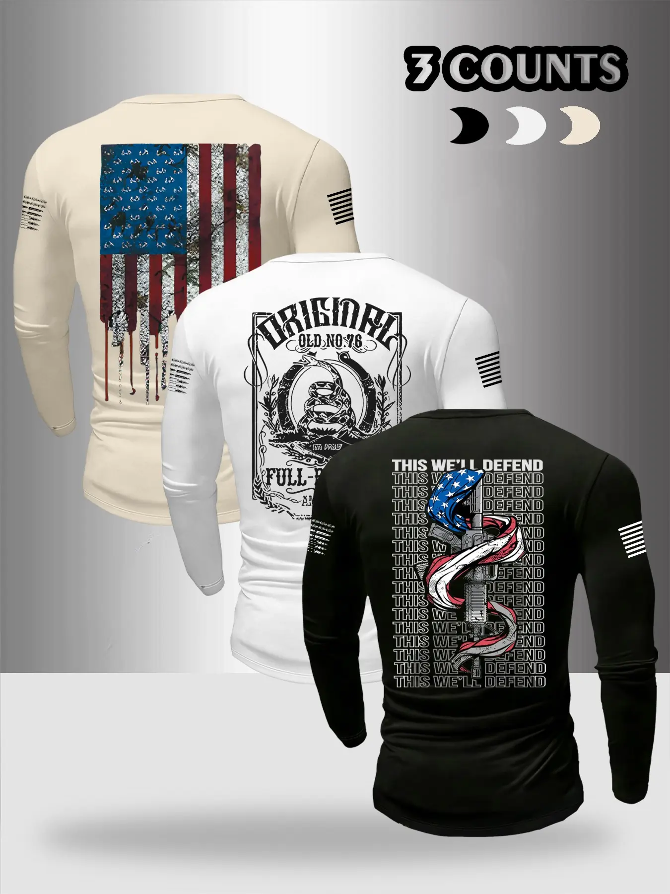 Men's New Spring Autumn Thin Comfortable Fabric Round Neck Long Sleeve, Tactical Patriotic Theme Casual Slim Fitting Long Sleeve T-Shirt 3 Piece Set