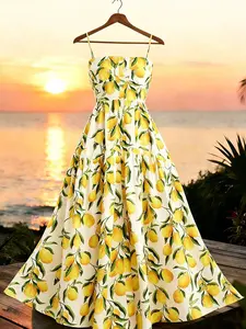 Plus Size Women's Lemon Print Halter Long Dress, Waist Cinched A-Line Dress, Casual Summer, Chic, Vacation Style, Date Night, Picnic
