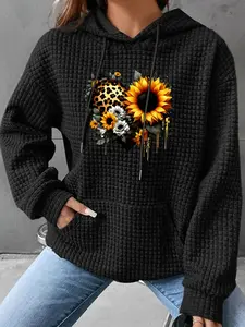 Women's Trendy Hooded Sweatshirt with Sunflower & Heart Print, Long Sleeve Pullover with Pocket, Fall Winter Casual Top, Graphic Sweatshirts