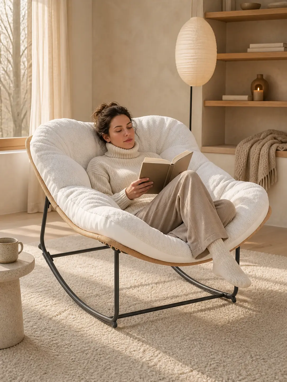 【Double-Side Fabric】ONBRILL Oversized Indoor Outdoor Rocking Chairs, Comfy Papasan Rocking Chair with Padded Cushion, Rattan Wicker Lounge Chair, Modern Reading Accent Chair for Balcony Garden, LivingRoom Furniture,Christmas Gift【BackToSchool】