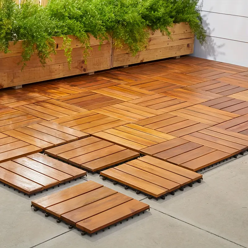 27/10pcs Solid Acacia Wood Interlocking Patio Deck Tiles - 12" X 12" Indoor Outdoor Waterproof Flooring Tiles for Balcony, Backyard & Poolside, All Weather Use, Natural Wood, Checker