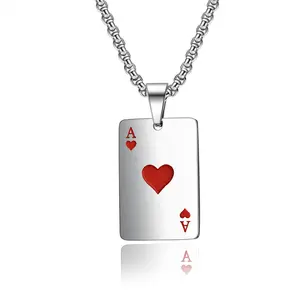 Lucky Ace Poker Card Pendant Necklace, Hip Hop Street Apparel Jewelry Stainless Steel Box Chain, Fashionable Heart/Spade Pendants for Men and Women, Perfect Gift for Poker Enthusiasts and Casual Wear, Durable Fashion Pendant Necklace accessory