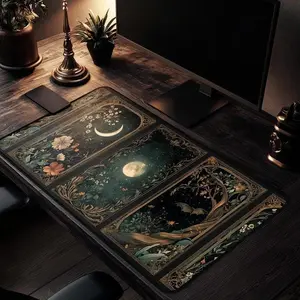 [Sale Up To 50%] Celestial Lunar Nature Tarot Card Desk Mat Dark Green Witch Night Botanical Floral Mousepad Occult Stars Magic Mouse Moon Office Gift Idea